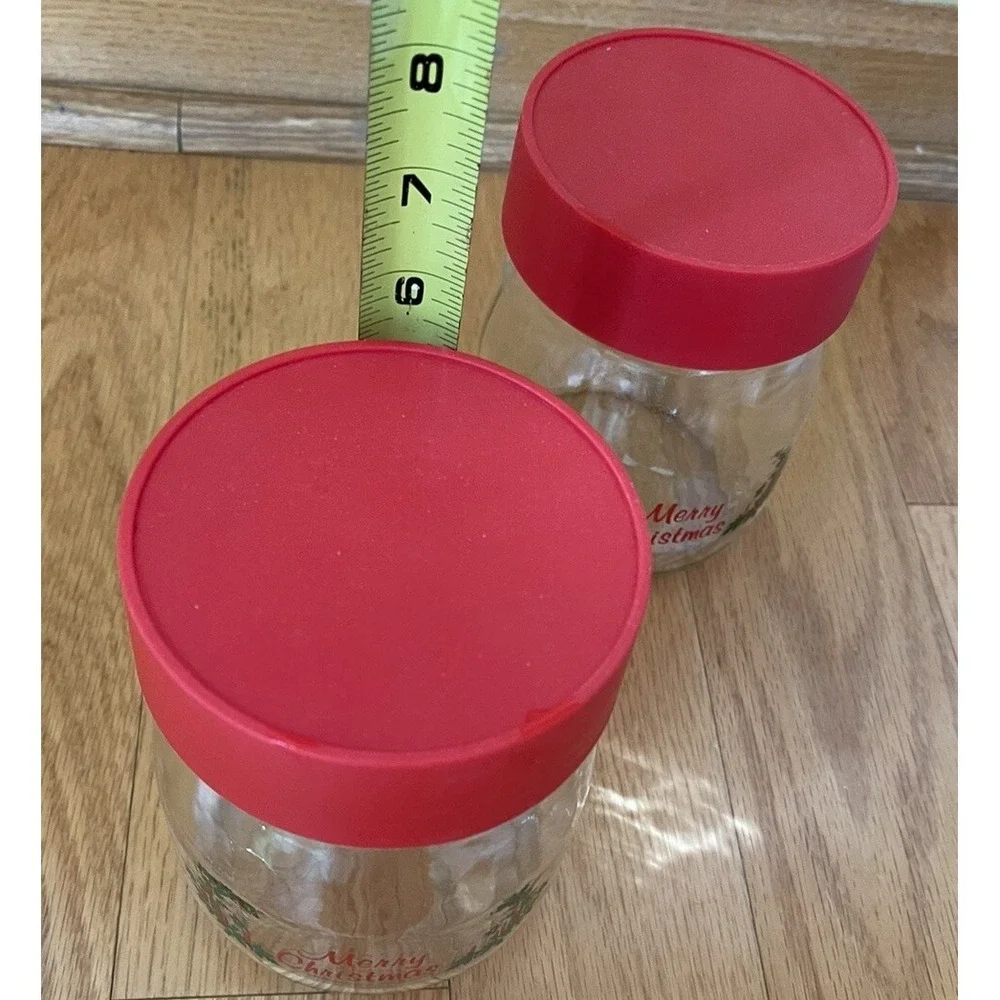 Vtg Carlton Glass Canister Jar Red Lid Merry Christmas Design 3/4 L Set Of 2